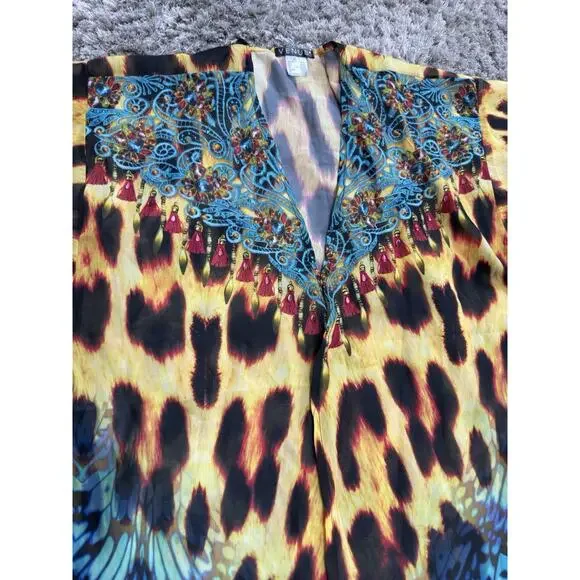 Boho Maxi Kimono Kaftan Women Leopard Butterfly Print Sheer Beaded Cover Up L/XL - Picture 6 of 16